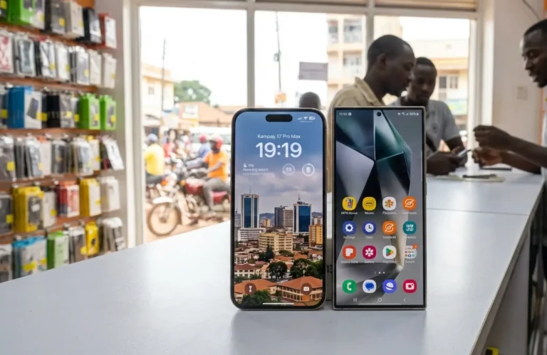 iPhone iOS vs Android Phones 2026 – iPhone 17 Pro Max vs Samsung Galaxy A56 5G phones on display at Dondolo Shop Kampala