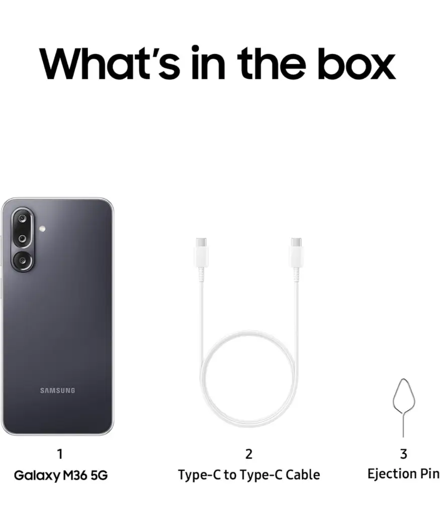 Samsung Galaxy M36 5G | AI-Powered 50MP OIS Camera & 6 Years Updates 6 Samsung Galaxy M36 5G - What's in the box Uganda